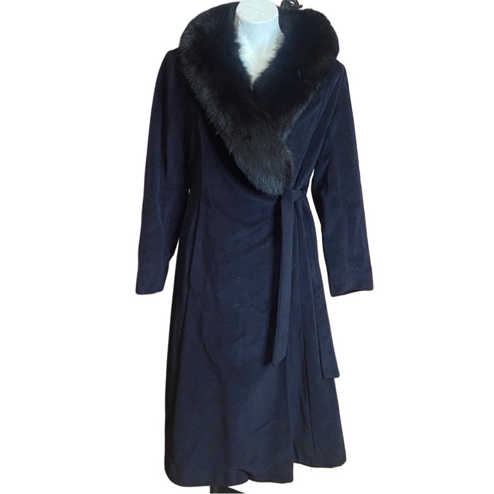 🌺Vintage 70s Velour long black tie waist fox collar belted long wrap coat S / M